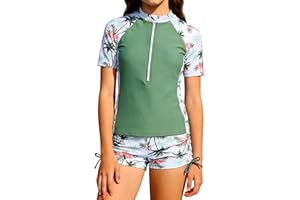 FoWear Girls 2 Piece Rash Guard Swimsuit Short Sleeve Padded Zipper Shirt with Ruched Drawstring Shorts 7-16Y