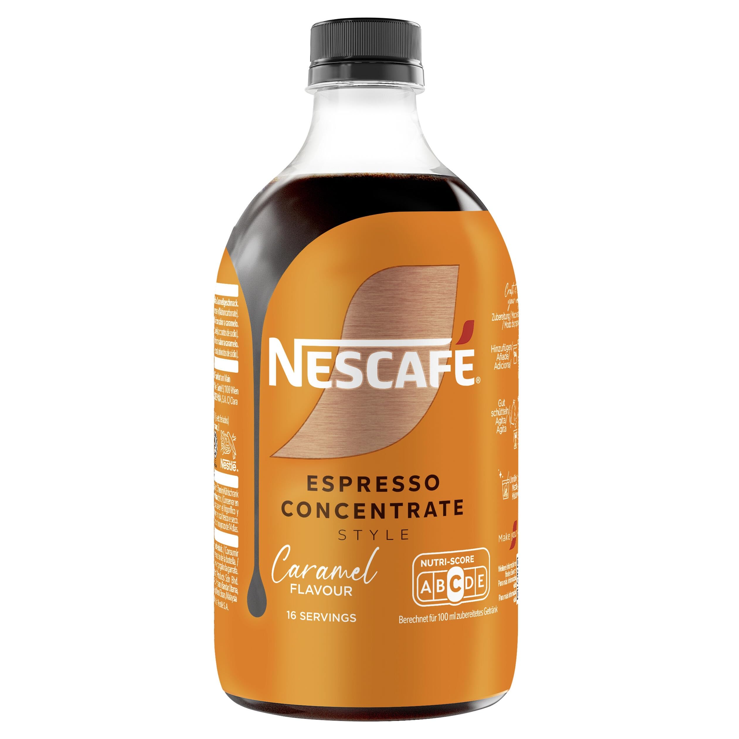 NESCAFÉ Espresso Concentrate Style Caramel, aromatisierters Getränkekonzentrat mit löslichem Bohnenkaffee, Karamell-Geschmack, 1er Pack (1 x 500ml) Einweg-Flasche