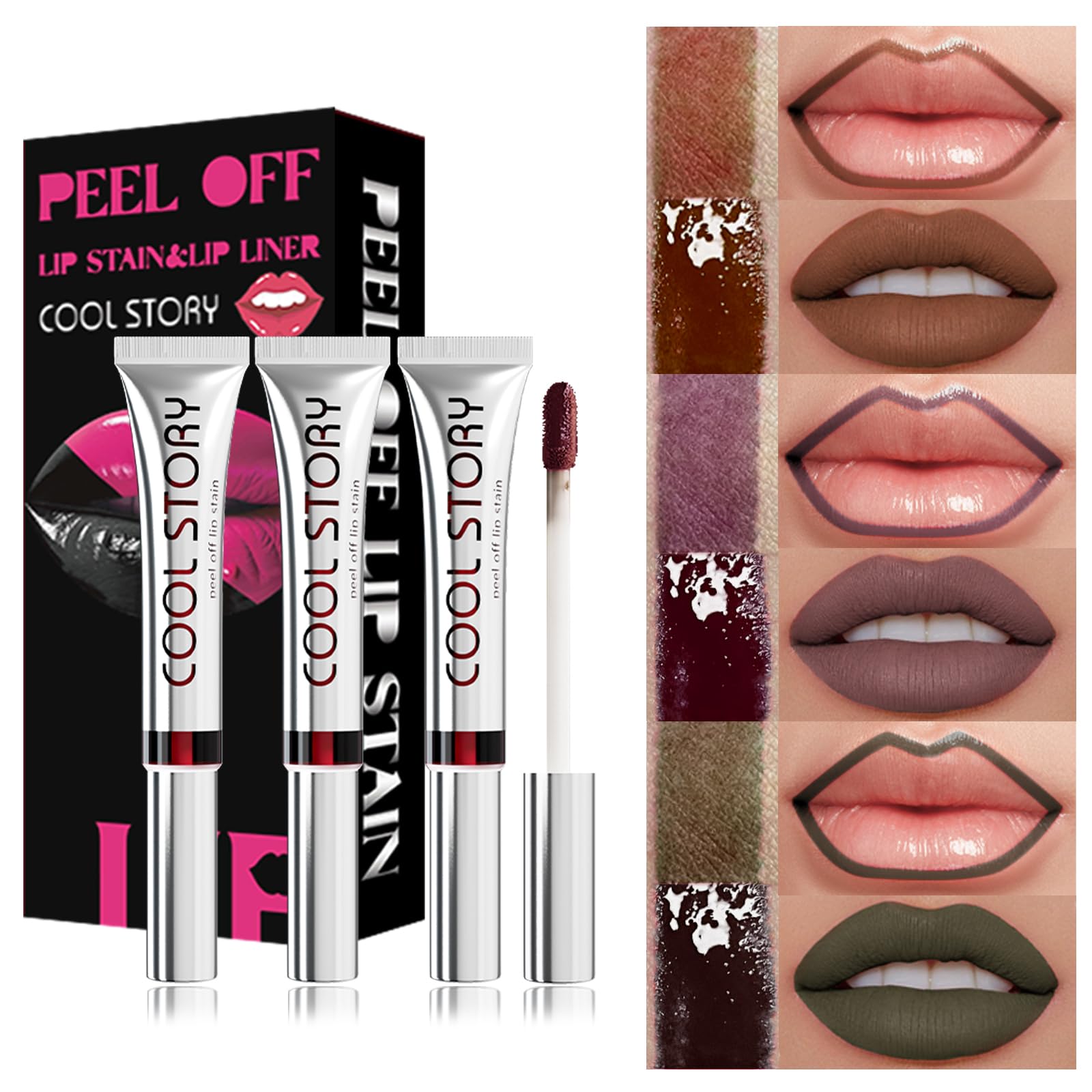 3PCS Peel Off Lip Stain Lip Tint Set, Matte Lipstick & Lip Liner, Waterproof Long Lasting Peel Off Lip Gloss, Lip Liner Lip Makeup Kit (Colour, Set C)