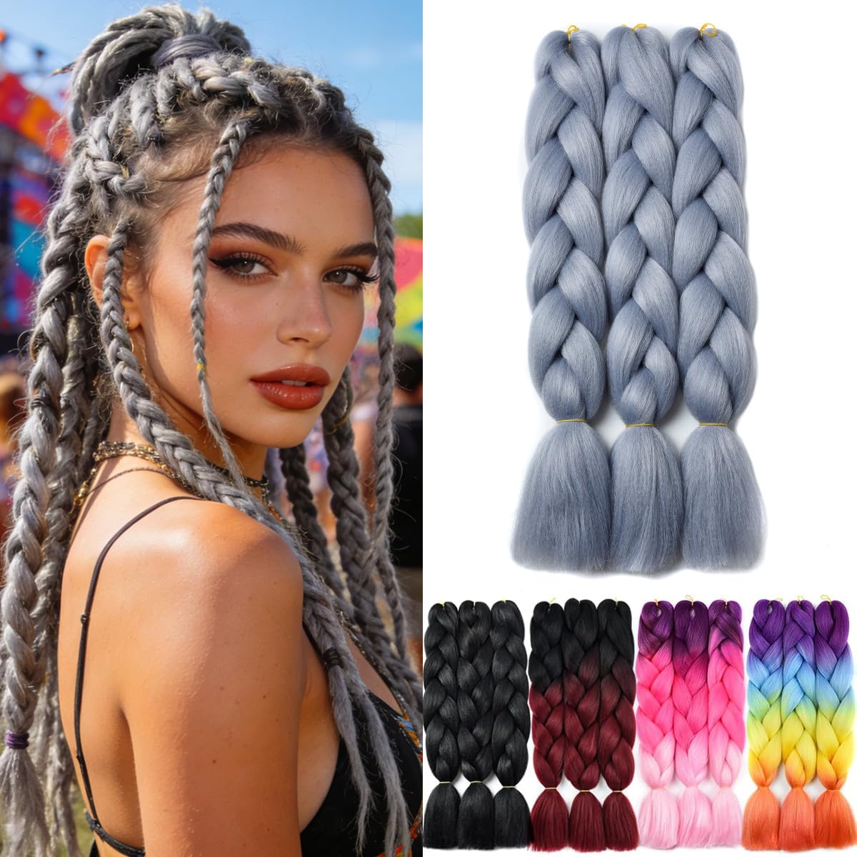 Yamel Braiding Hair Extension, Kanekalon Braiding Hair for Braiding Crochet Twist Box Braids Hair 24 Inch 3 Piece Natural Grey Jumbo Braiding Hair โ image 1