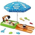 HYES Sandbox with Lid, Dirt Digger Excavator Sand Box with Cover, Kids Sand Pit with Construction Toys/Umbrella/Beach Toys for Toddler 3-5, Sensory Kit Summer Gifts for Indoor Outdoor Backyard, Green