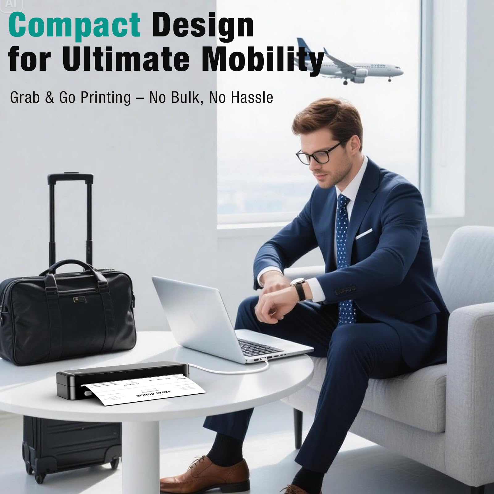 Portable Printer Wireless for Travel, Inkless Thermal Printer Supports 8.5 x 11 Inch Thermal Paper, Bluetooth Compatible with iOS, Android, Laptop Includes 2 Rolls & 10 Sheets of Paper Kit