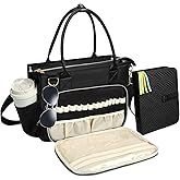 Veirdro Large Bible Tote Bag with Bible Cover Case for Women, Portable Church Bag with 13 Inch Laptop Compartment& 14 Pen Slots, Quilted Bible Purse with Shoulder Strap for Bible Study Supplies, Black