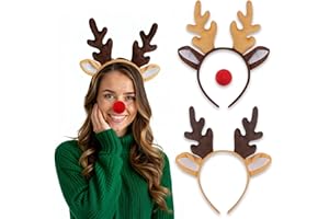 Christmas Reindeer Antlers Headband Costume Decor with Red Nose for Christmas Halloween Cosplay Party 2Pcs
