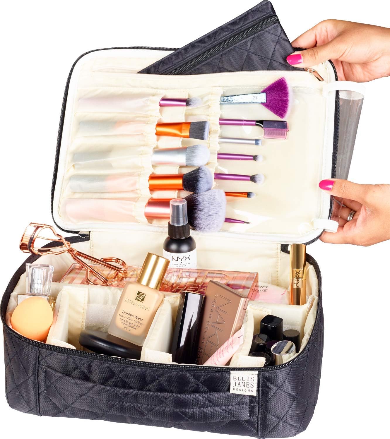 Ellis James Designs Extra Large Makeup Bag With Compartments - big makeup bag organizer, large cosmetic bag black, train case makeup bag large, huge makeup bag With Handle Travel Make Up Bag For Women