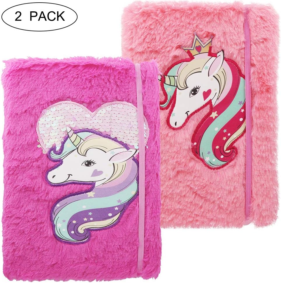 2 Pack Reversible A5 Size Notebooks, Anyshock Faux rabbit fur Unicorn Office School Book Flip Cute Journal Travel Diary Birthday Gifts Prize for Children Boys Girls Sons Daughters (2 Unicorns Set)