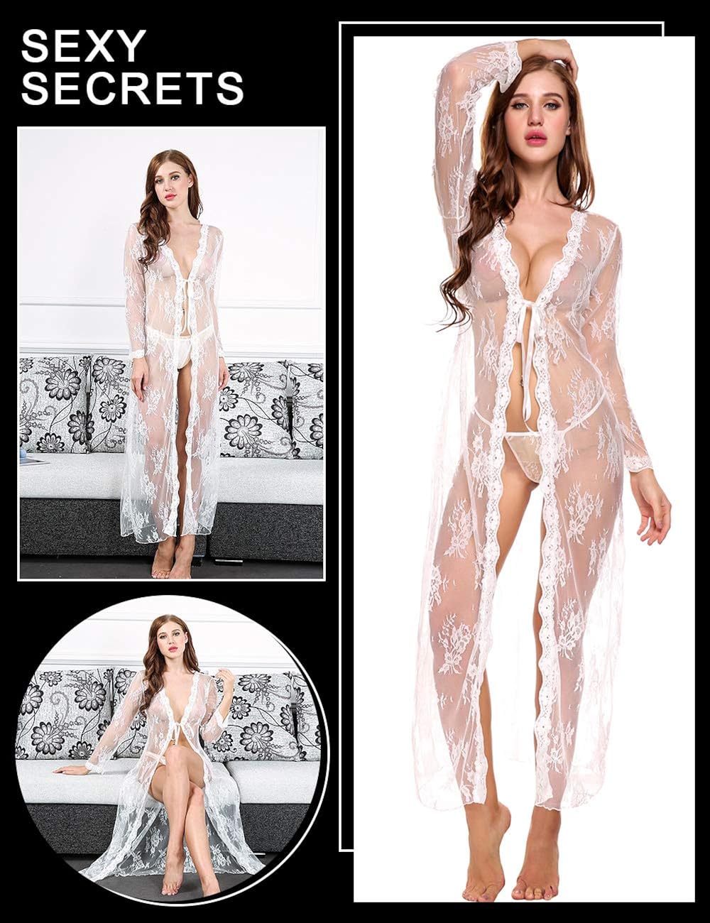 Lingerie for Women Sexy Long Lace Dress Sheer Gown See Through Kimono Robe: Clothing