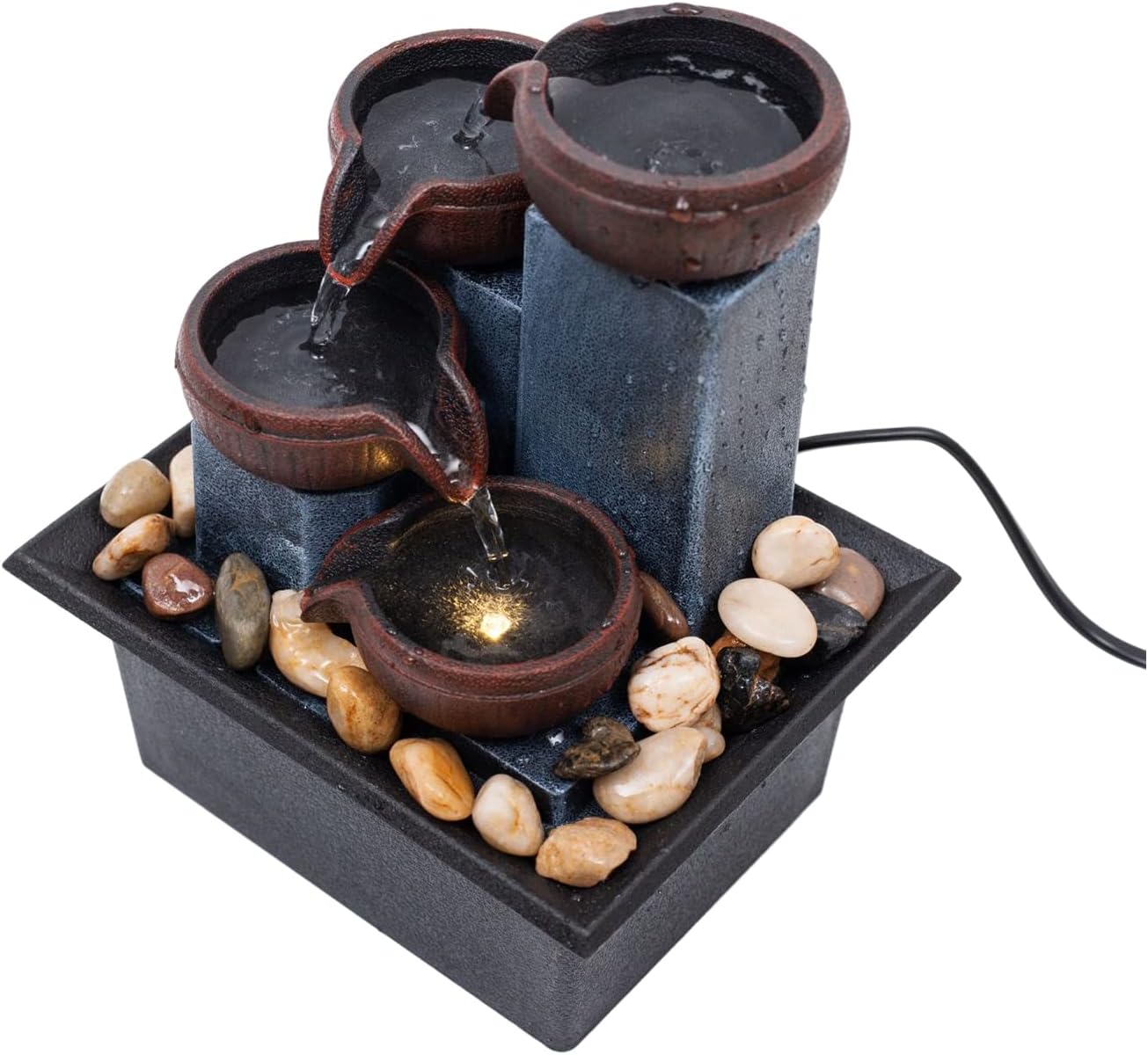 Indoor Fountains & Accessories - Indoor 4-Tier Relaxation Tabletop Fountain Waterfall Function，with Warm Color LED Lights and 3-Level Adjustable Water Pump for Home and Office Decoration Brown
