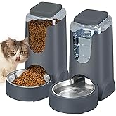 Automatic Cat Feeder and Water Dispenser with Stainless Steel Bowl Dog Gravity Food Feeder and Waterer for Small Medium Pets Puppy Kitten 1 Gallon x 2