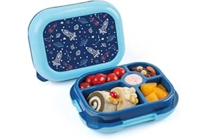 wooshwa Kids Lunch Box with 5 Compartments for School, 25oz Toddler Bento Box with Removable Tray, Ideal for Ages 3-10, Lunch Container for Boys, BPA-Free, Dishwasher Safe (Blue Space)