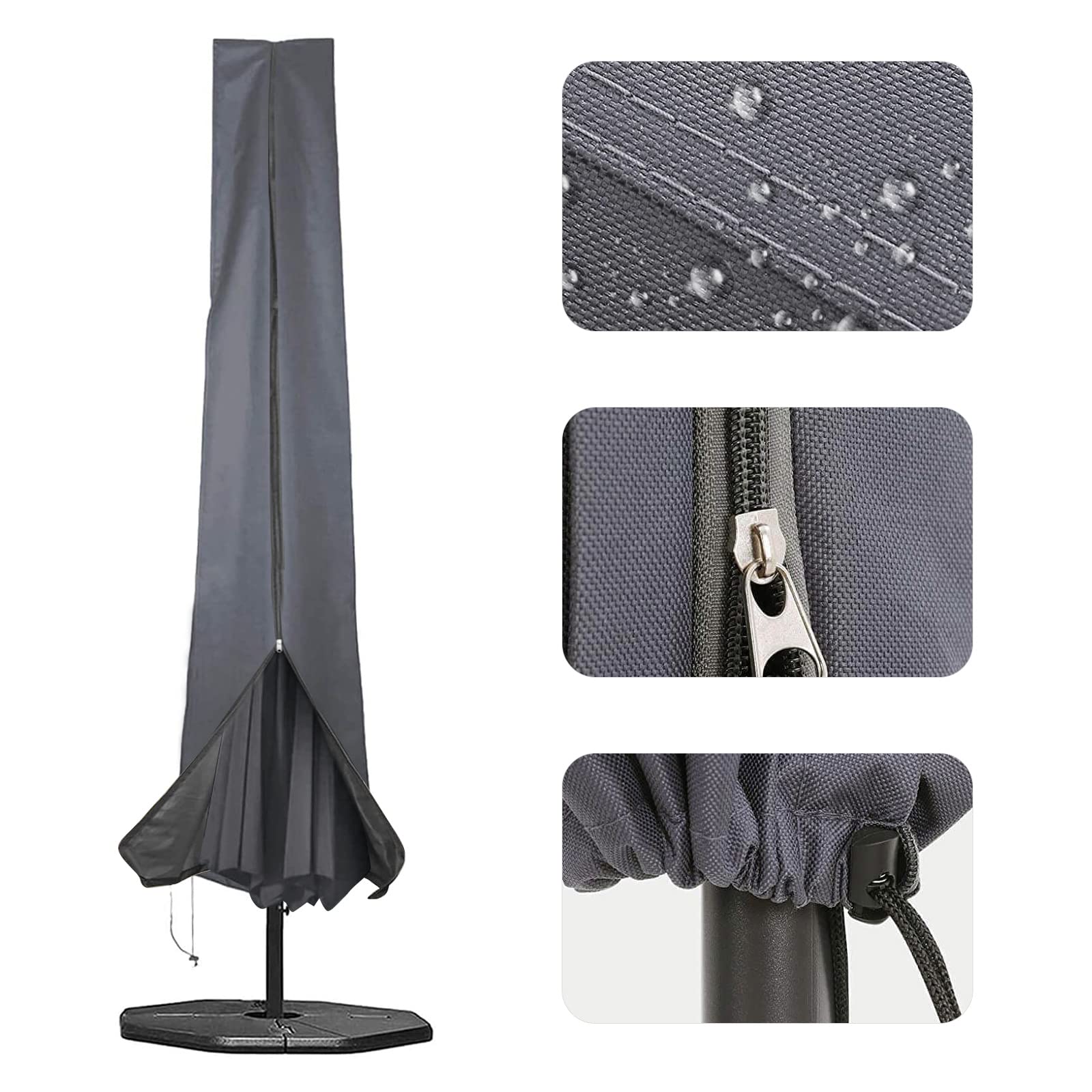 RICHIE Garden Parasol Cover for Garden Umbrella Covers Fit 2.5 to 4m Diameter Parasols 190x25x50cm Waterproof 600D Oxford PVC Coating with Heavy-duty Zip and Adjustable Drawstring Cord at Bottom, Grey