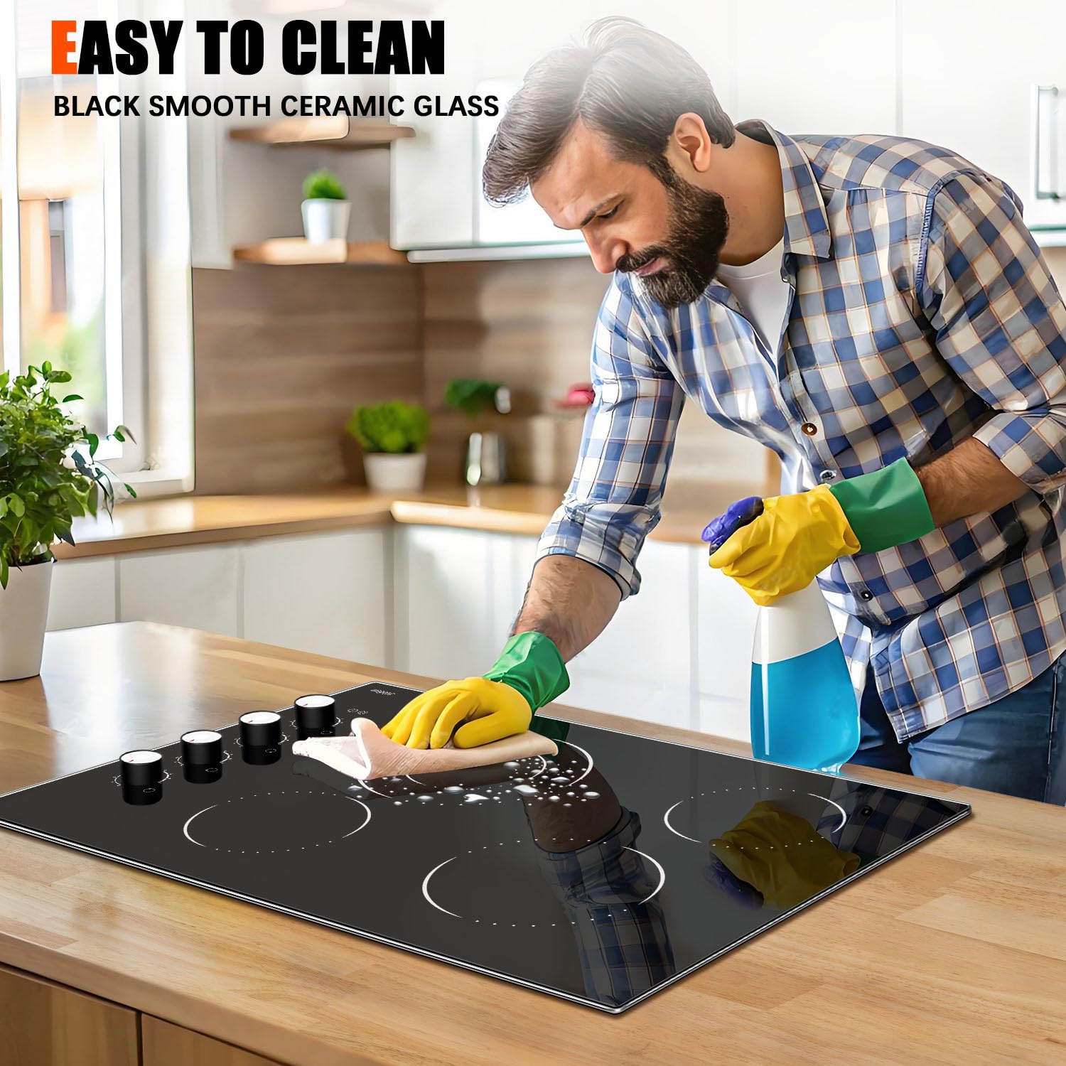 Electric Cooktop 30 Inch, Knob Control Built-in Radiant Electric Stove with 4 Burners, 30 in Electric Stove Top Burner, Cooktop with Glass Protection Metal Frame, 220-240v 6700W, Hard Wired(No Plug)
