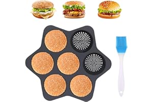 SelWatty Silicone Burger Bun Pan, 7 Cavity 3.9 inch, Hamburger Bun Pan with Oil Brush, Non-Stick, -40°C to 230°C, Microwave, 