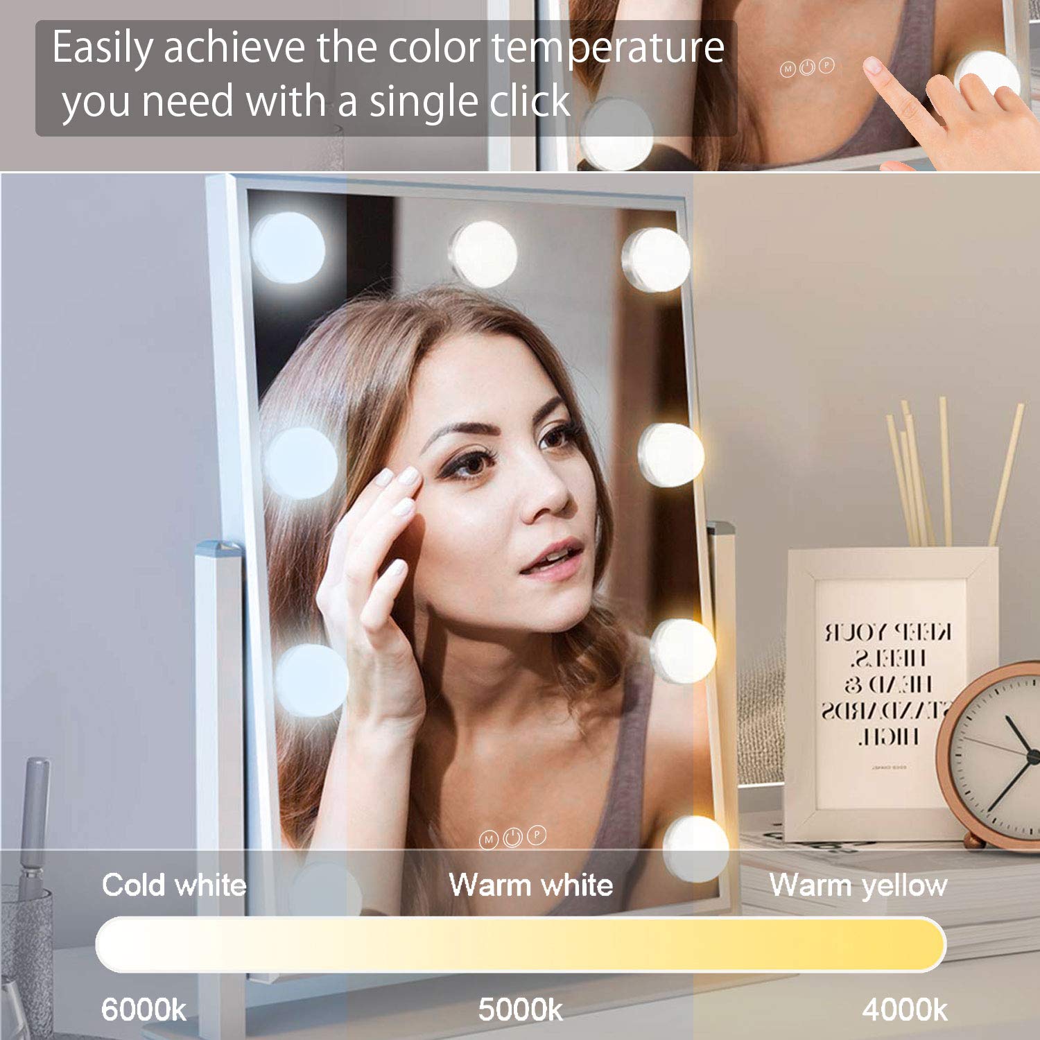 FENCHILIN Hollywood Mirror with Light Large Lighted Makeup Mirror Vanity Makeup Mirror Smart Touch Control 3Colors Dimable Light Detachable 10X Magnification 360°Rotation(White): Furniture & Decor