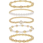 Tyebiva Cross Gold Beaded Stack Bracelets Set for Women, Trendy Boho Handmade White Ball Beads Stackable Friendship Stretch Bracelet Outfit Accessories Jewelry Gift.
