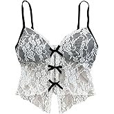 Verdusa Women's Floral Lace Mesh Sheer Bow Knot Crop Cami Top Sleeveless Fitted Camisole