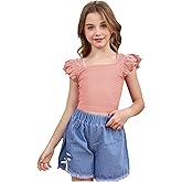 OYOANGLE Girl's Casual Solid Ruffle Trim Cap Sleeve Square Neck Cute Crop Tank Tops T-Shirts