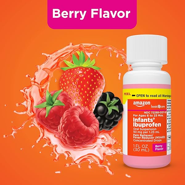 AMAZON BASIC CARE INFANTS’ IBUPROFEN ORAL SUSPENSION DROPS, 50 MG PER 1.25 ML, BERRY FLAVOR, FOR MINOR ACHES AND PAINS, SORE THROAT, HEADACHE RELIEF AND MORE, 1 FL OZ (PACK OF 1)