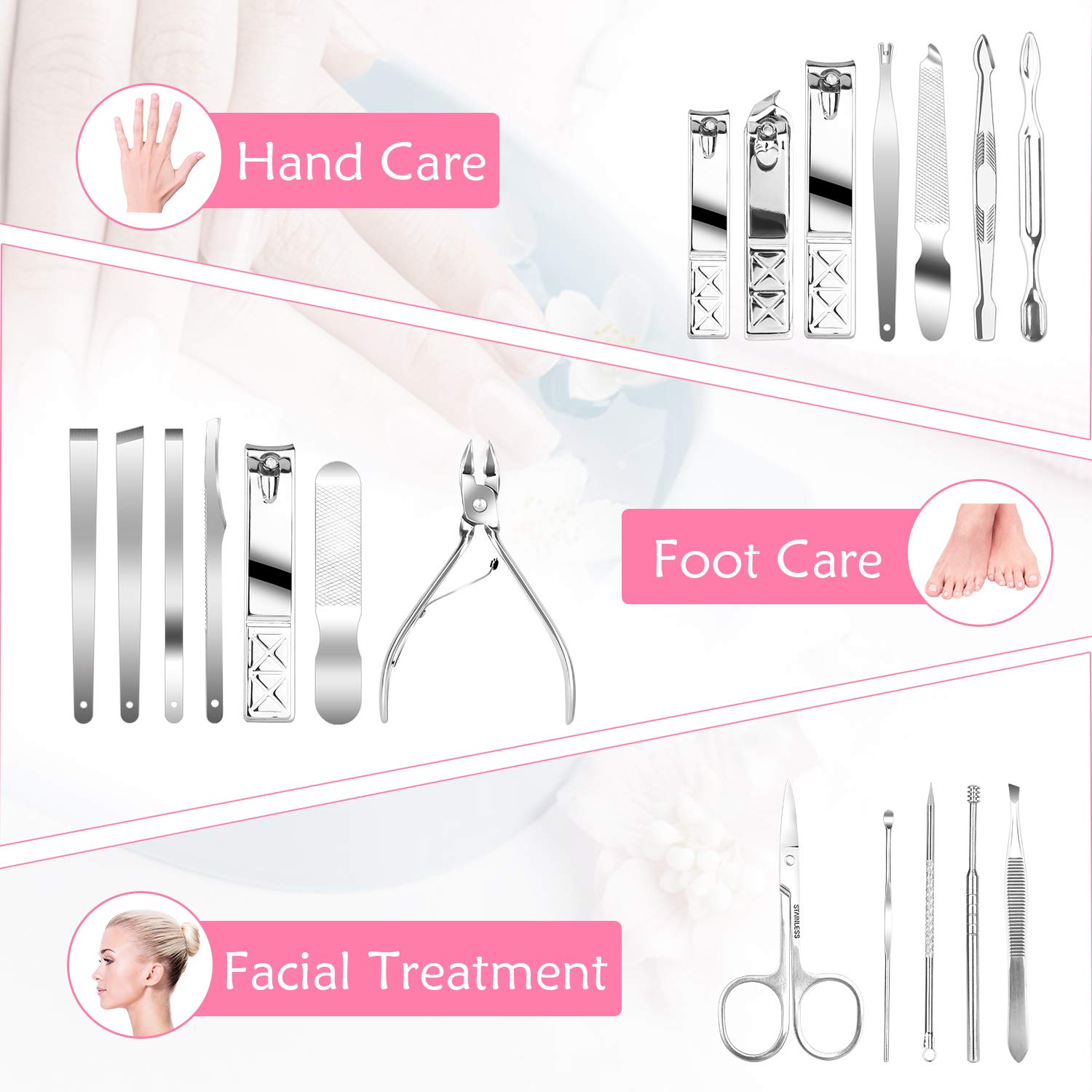 Teamkio 18pcs Manicure Set Pedicure Nail Clippers Set Travel Hygiene Kit Stainless Steel Professional Cutter Care Set Scissor Tweezer Knife Ear Pick Tools Grooming Kits with Leather Case (18pcs, Pink) : Beauty