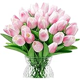 U'Artlines 30Pcs Fake Tulips Artificial Flowers with Stems Faux Tulips Bouquet Real Touch Flower for Wedding Home Kitchen Spring Easter Mother's Day Floral Arrangement Decor (Light Pink)