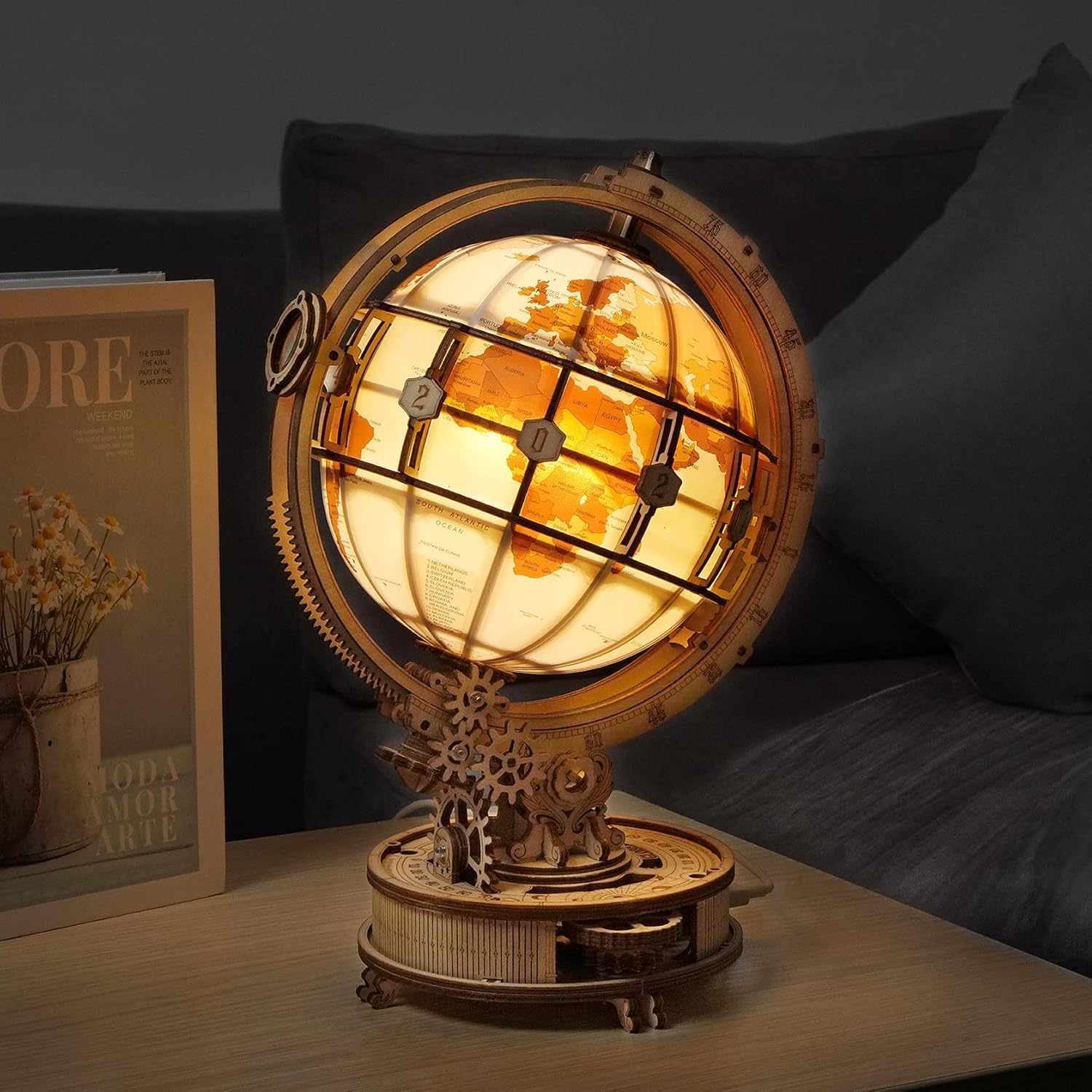 ROKR 3D Puzzle Holz Erwachsene, Holzpuzzle Modell Leuchtglobus Modellbau Bastelset Erwachsene mit LED Licht Weltkugel Bausatz Drehbar Luminous Globe Holzbausatz als Deko, Geschenk (180 Teilen) 7