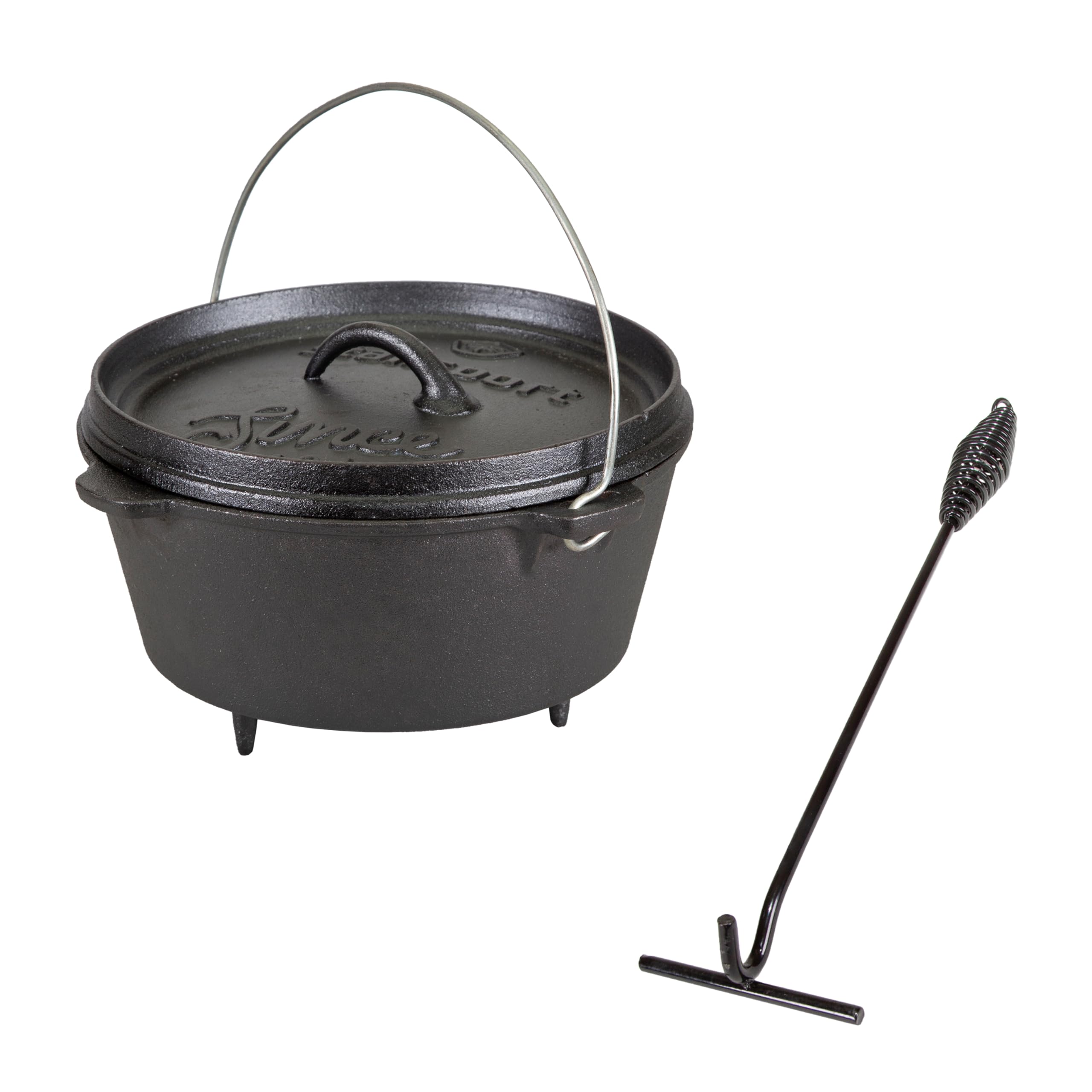 Bundle of Stansport 4 QT Pre-Seasoned Cast Iron Dutch Oven with Legs (16021) + Stansport Dutch Oven Lid Lifter (16000) Image