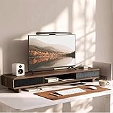 UniAbode Dual Monitor Stand Riser with Storage Drawer for Desk Organization | Fits Dual 32" Monitors, Walnut Finish, Hidden Storage, Ergonomic Height, Holds 110lbs, No Flex, Quick Setup