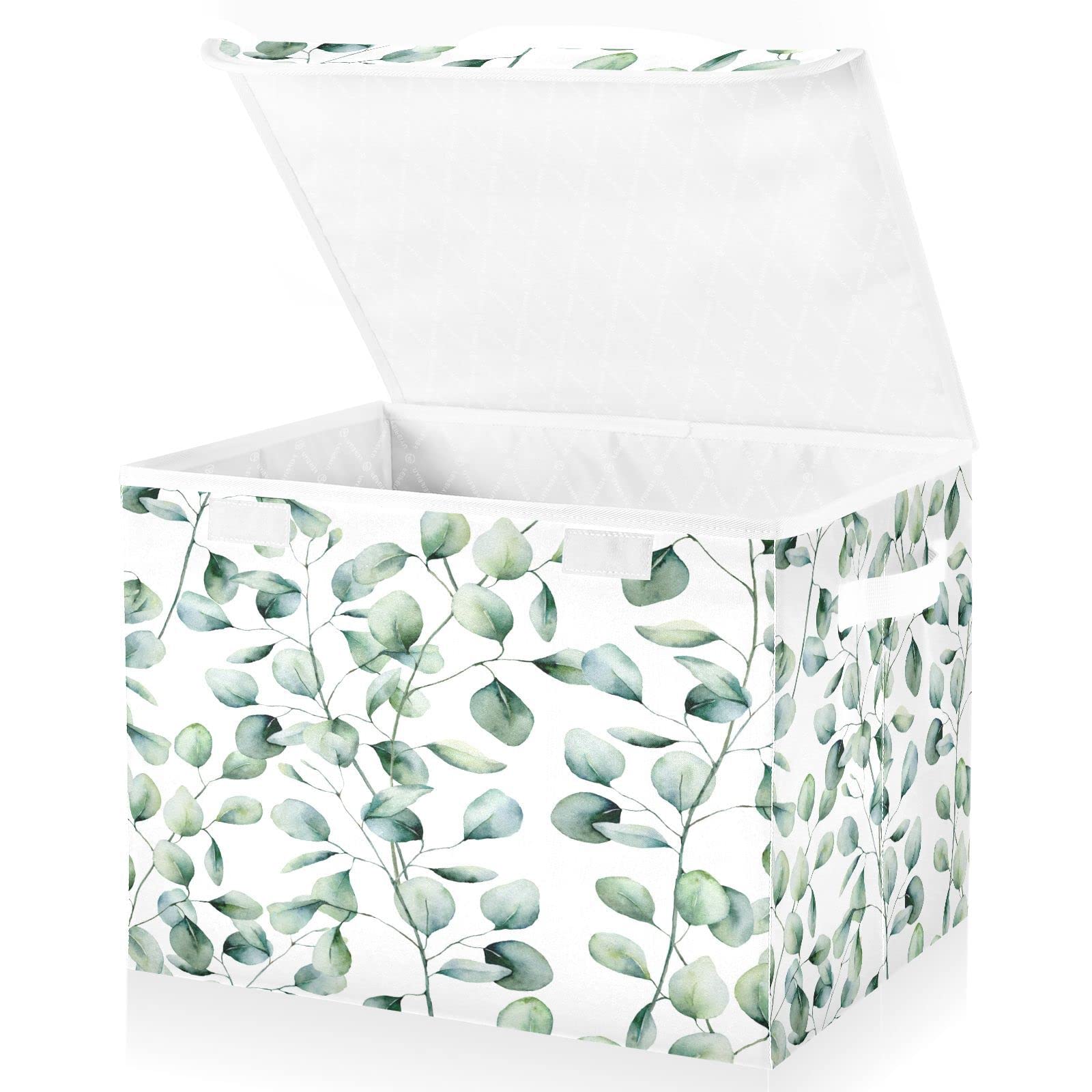 Mnsruu Storage Boxes with Lids, Watercolor Green Leaf Morandi Large Storage Basket Organizer Shelves Cube Bin Toy Clothes Underbed