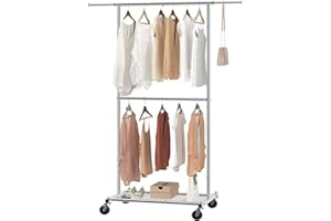 Ekisemio Clothing Racks for Hanging Clothes Rack, Garment Rack with Wheels and Bottom Shelves, Extendable, Chrome