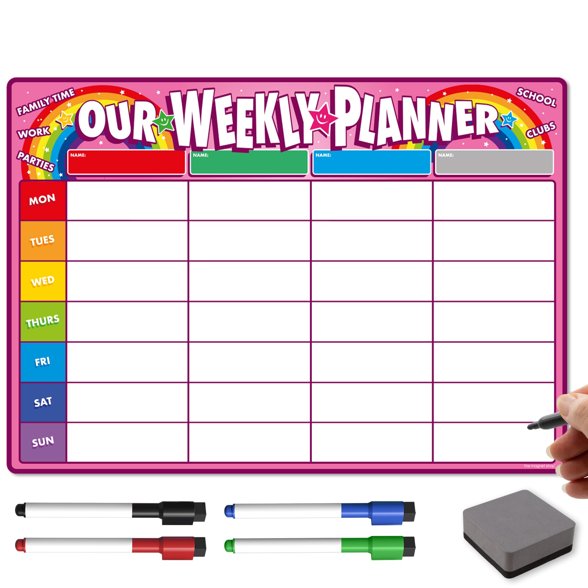 The Magnet Shop Weekly Family Planner A3 / A4 - Magnetic Dry Wipe Whiteboard for Organising Your Chores, Meals, Home, School. Use as a Fridge Magnet with 4 Multi-Coloured Pens and Eraser (Pink, A3)