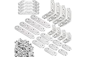 YEWLACA 24 Pcs Corner Brace Flat Straight Bracket Sets, Stainless Steel L Brackets for Wood, Various Mending Plates with Screws