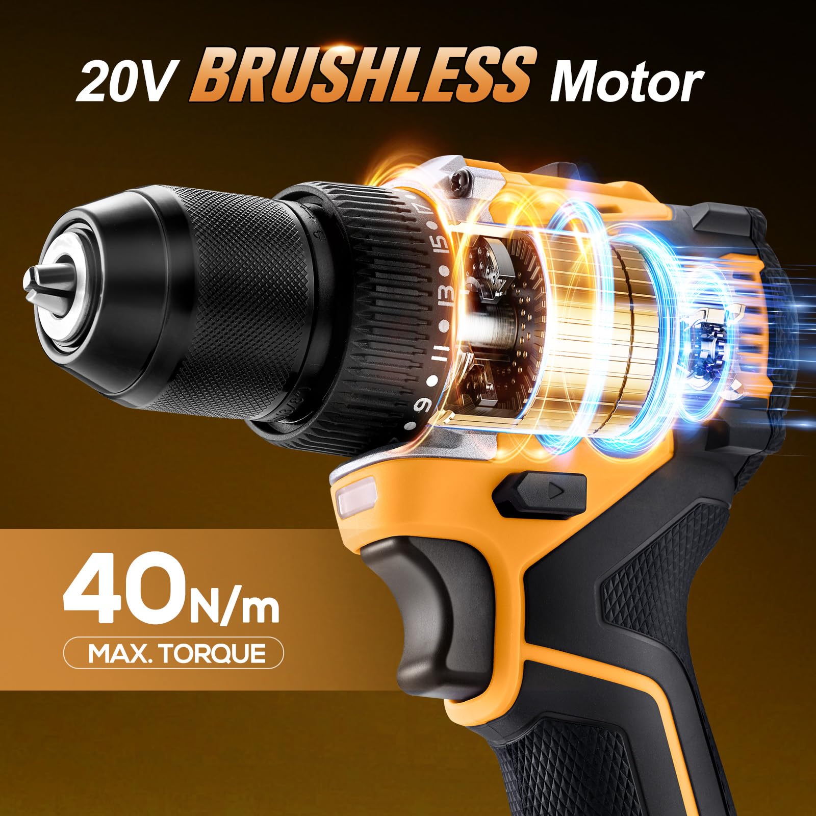 Aowei 20V Brushless Cordless Lithium-Ion Drill Set, Compact Design, Yellow Rechargeable Lithium-Ion Drill Kit, including 2.0Ah Battery, Charger and 3/8-inch Keyless Chuck