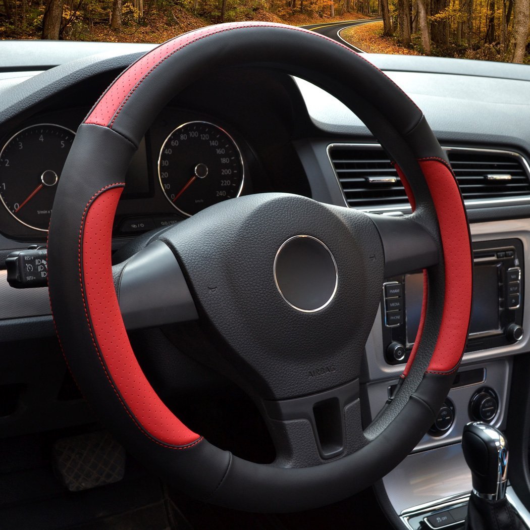 Car Steering Wheel Cover,Diameter 14 inch,PU Leather,for Full Seasons,black and red,Size S