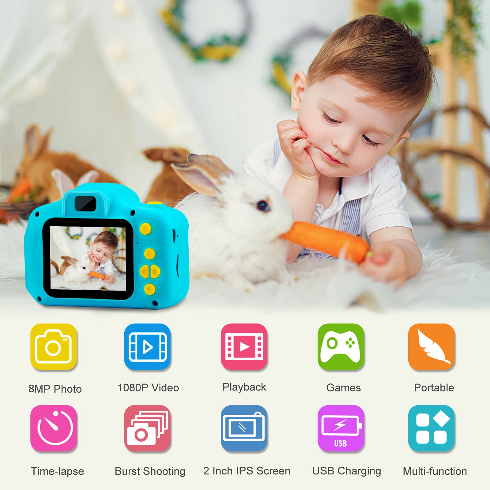 PROGRACE Kids Camera Boys Toy - Camera for Kids Boys Birthday Gifts 3 4 5 6 7 8 9 Year Old Children Toy Toddler Video Digital Camcorder IPS 2 Inch(No sd Card)