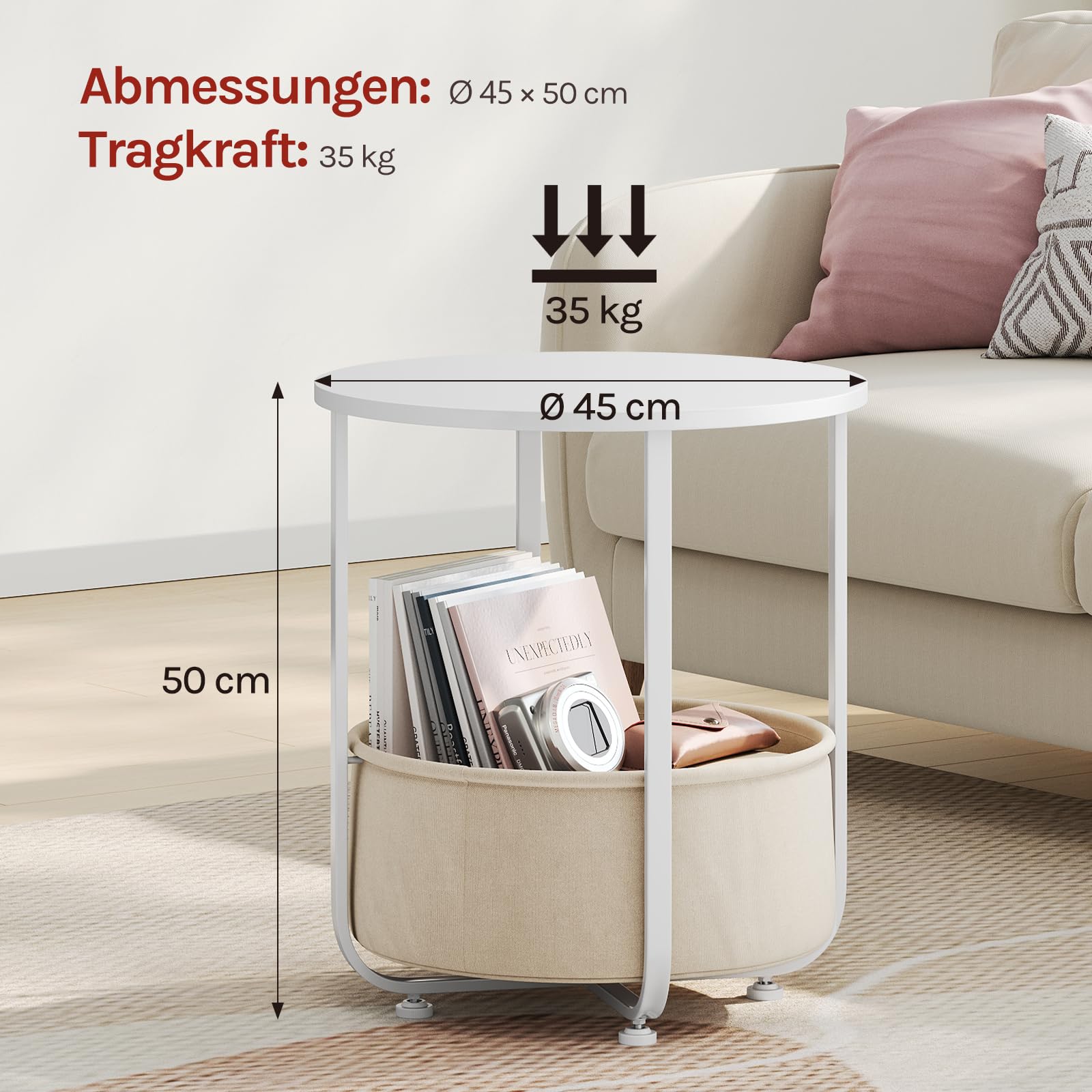 WOLTU Couchtisch rund, Kleiner Beistelltisch, mit abnehmbarem Stoffkorb, Metallrahmen, für Sofa Wohnzimmer Schlafzimmer, Weiß + Beige 7