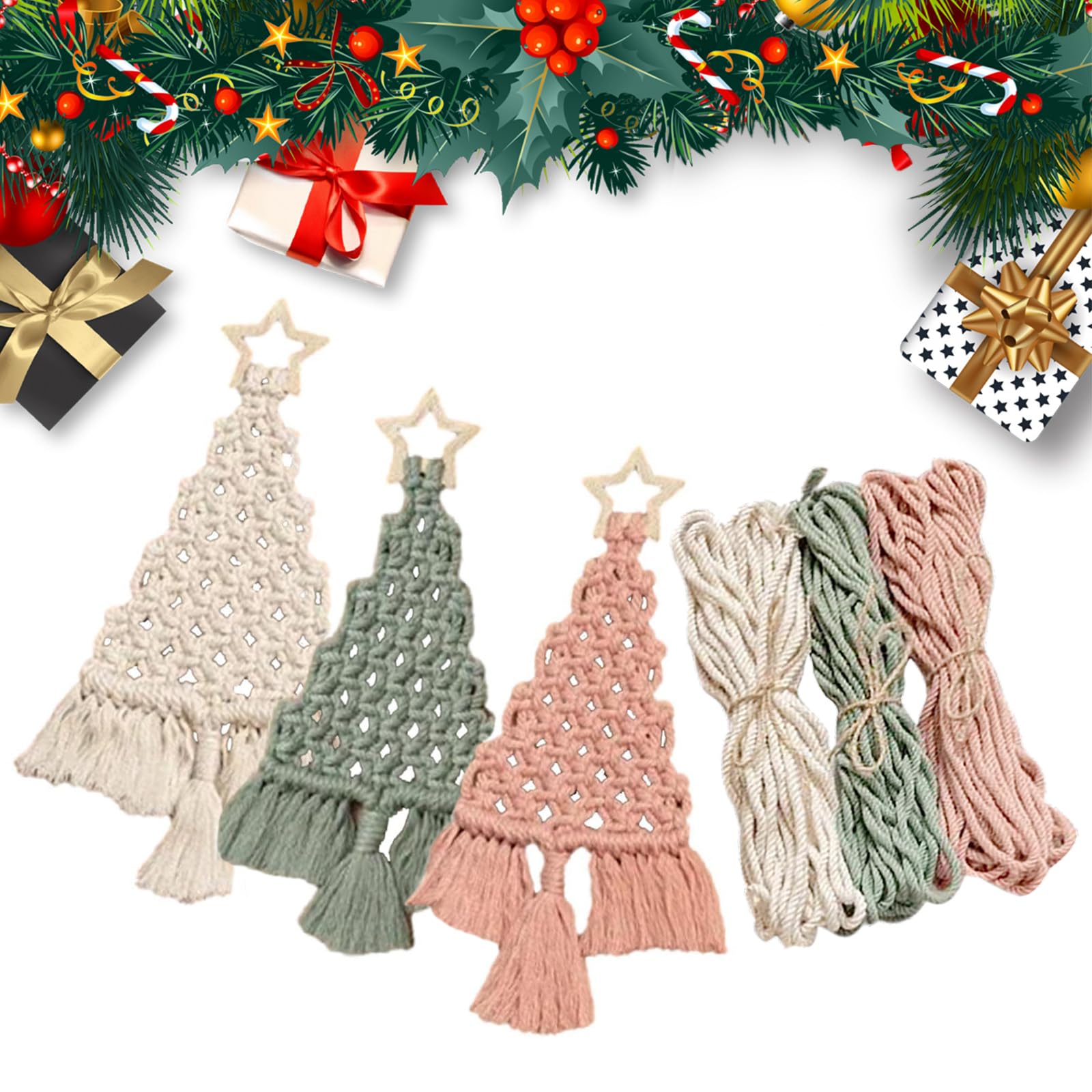 Vordpe 3 Pack Christmas Macrame DIY Kit for Pendants and Ornaments, Fabric for Holiday Decoration