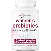 Micro Ingredients Probiotics for Women 100 Billion CFU, 120 Veggie Capsules | 40 Strains Womens Probiotic Blend with Cranberry, D-Mannose & More | pH Balance, Urinary Tract & Gut Health Support