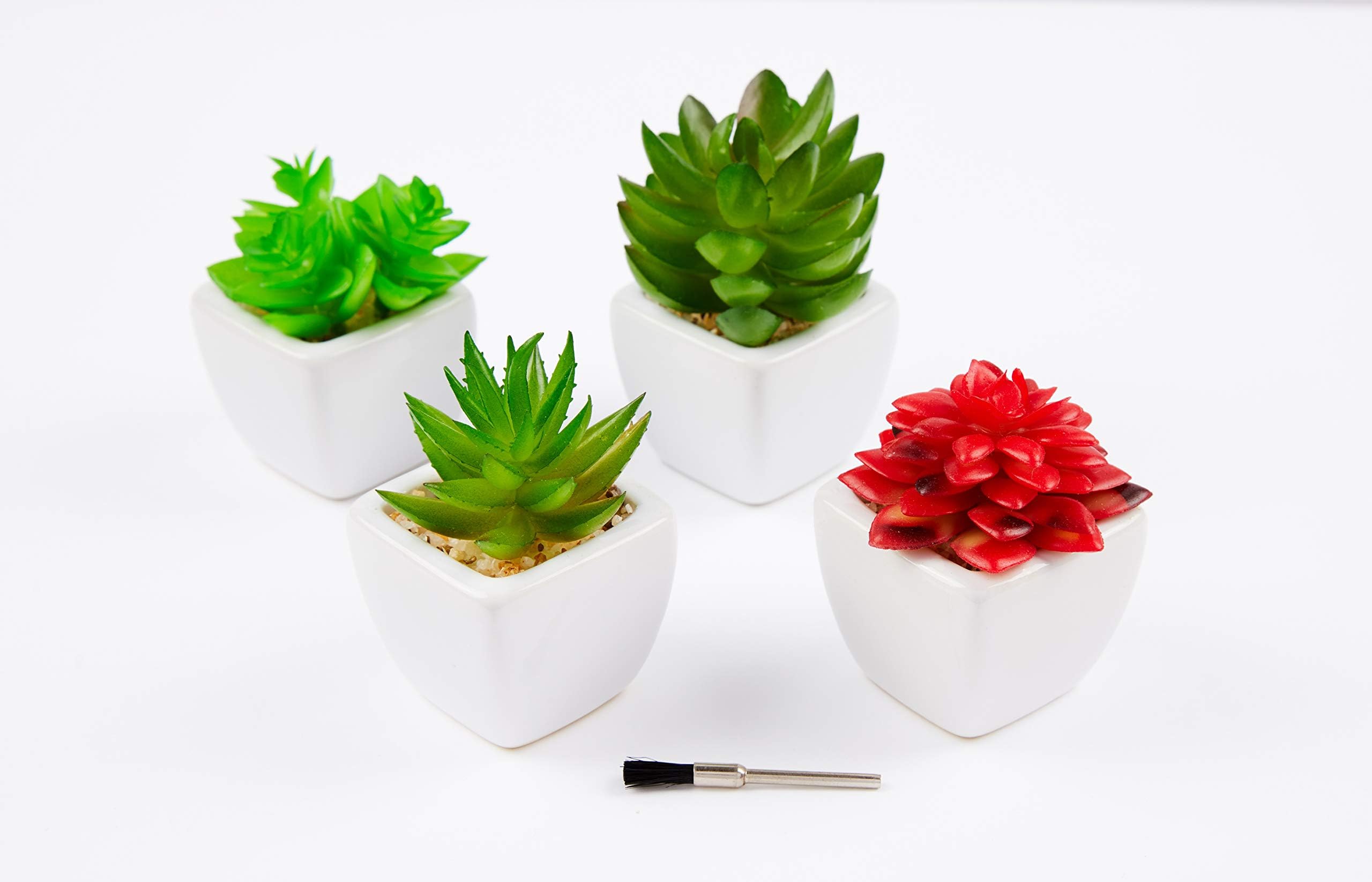 Modern Assorted Artificial Succulent Plants. Sets of 4 Green and red Mini Faux Plants in White Cube Ceramic pots for Home, Bathroom or Office Decorations.
