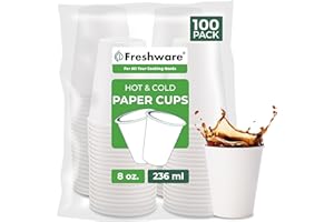 Freshware Coffee Cups 8 oz [100 Pack] Disposable Paper Cups for Hot or Iced Coffee Cup, Slushie Cup, Milkshakes, Smoothies, and Tea