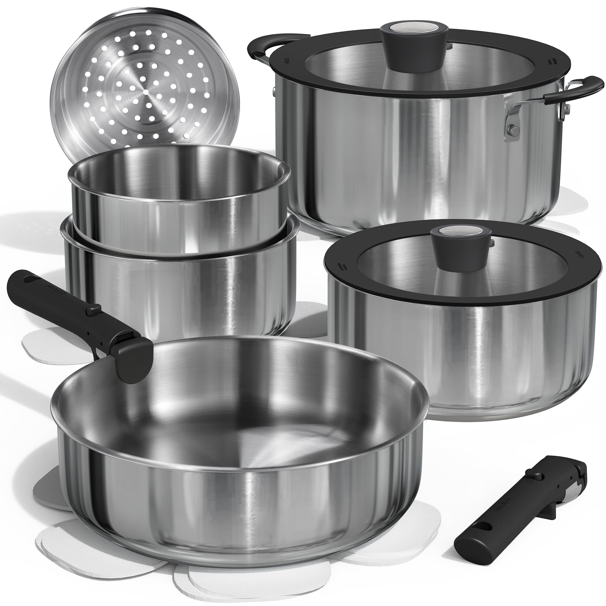 Photo 1 of CAROTE 14pcs Pots and Pans Set, Tri-Ply Stainless Steel Cookware Set Detachable Handle, Induction Kitchen Cookware Sets with Removable Handle, RV Cookware Set, Oven Safe, Camping Cookware, Black