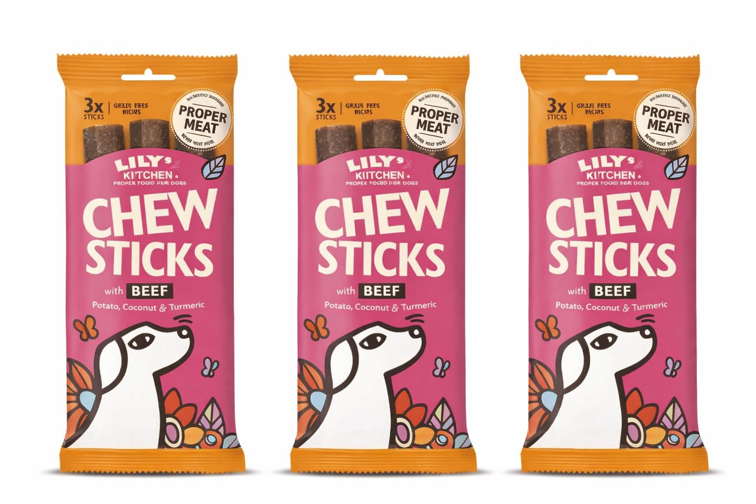 Lilys Kitchen Dog Treats, Chew Sticks, Grain Free Natural, Dental Dog Treats, Pack of 3 x 120g (Total of 9 Chews) (3, Beef)
