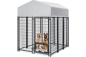 Oranland Outdoor Dog Kennel for Large Dogs, Heavy Duty Welded Wire Steel Dog Playpen Fence with Secure Lock, Dog Pen with Waterproof Roof Cover and 2 Rotating Dog Bowls for Small/Medium/Large Dogs