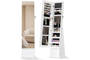 LUXFURNI 360° Swivel Jewelry Cabinet with Mirror, Rotatable Full Length Mirror with Jewelry Storage, 61.8" Standing Jewelry Armoire, 1 Deep Drawer Jewelry Organizer Mirror, White