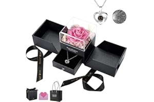 WALFITE Preserved Red Real Rose with I Love You Necklace,Rose Flower Gifts for Wome,Preserved Rose with Necklace,Mother Day,Girlfriend Birthday Gifts,Preserved Roses Real Rose Cute Romantic Love Gifts (Pink)
