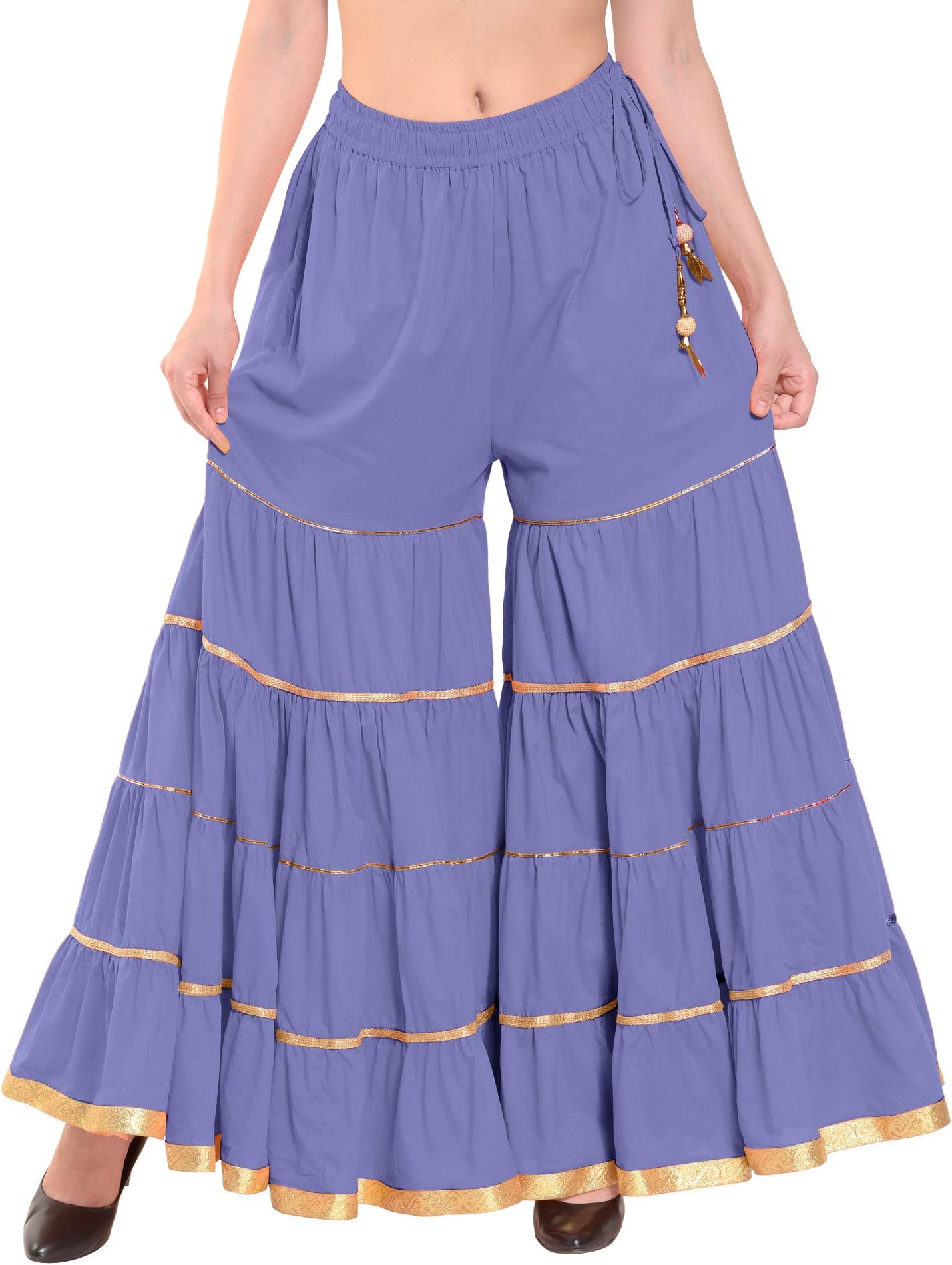 Poshak Women's Cotton Elasticated Waistband Tiered Garara with 1 Pair Latkan
