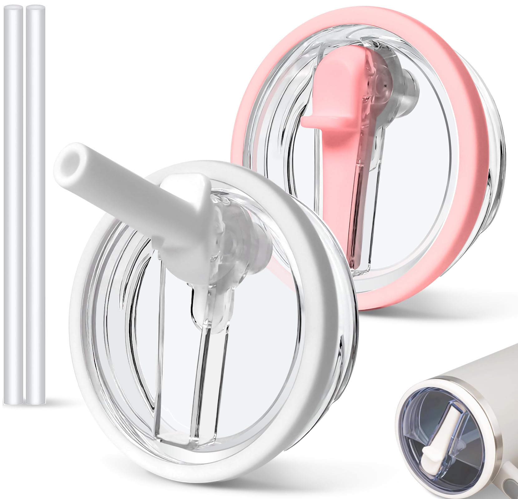 Photo 1 of 2 PCS 30 oz Spill Proof Tumbler Flip Straw Lid for Stanley Cup, Leak Proof Tumbler Lid Replacement Fit for Stanley Quencher, Reusable Tumbler Cover 30oz Stanley Cup Accessories (white+pink)