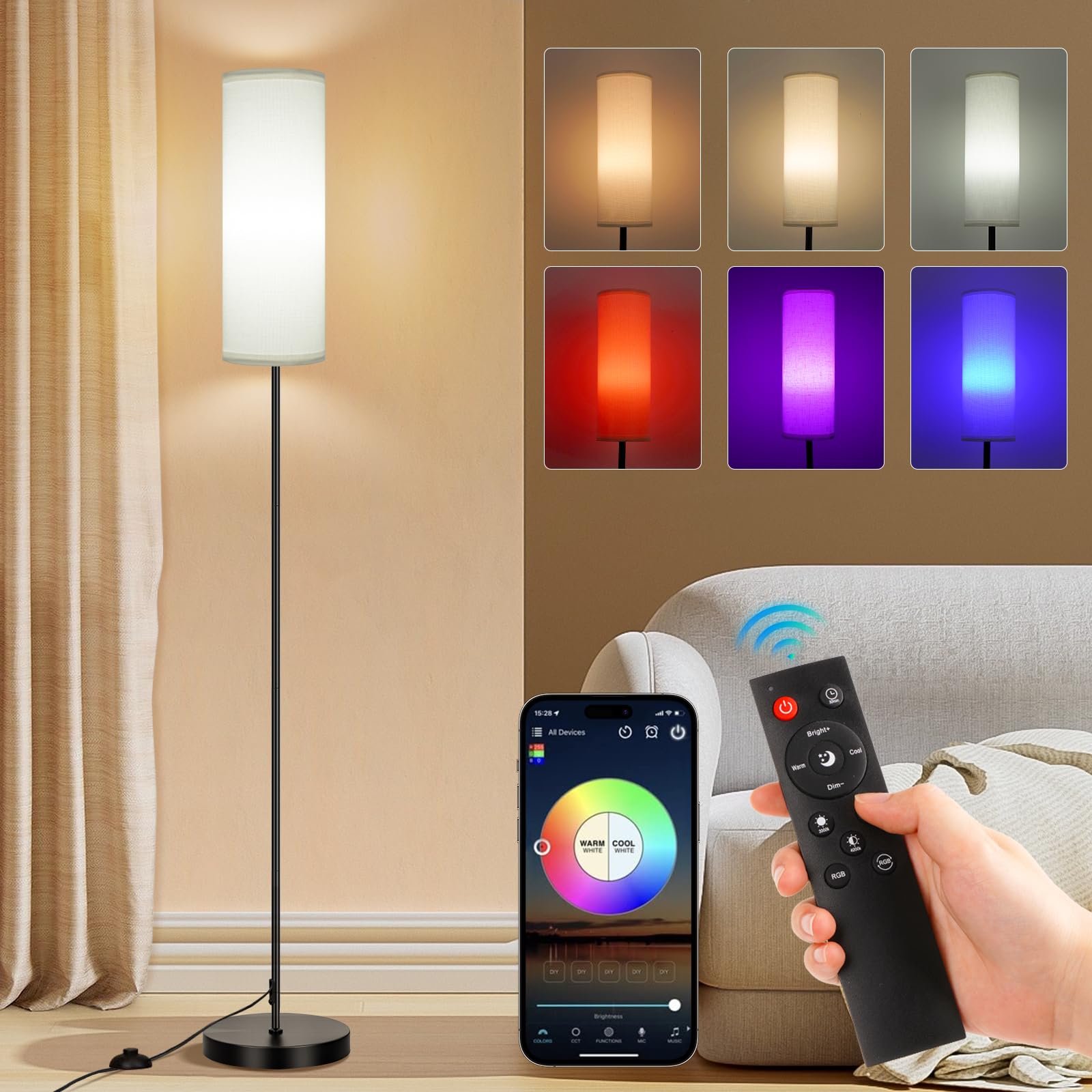 Photo 1 of FRIDEKO HOME Floor Lamps for Living Room, Dimmable Colors Temperature & Brightness, Modern Floor Lamp Remote, Tall Standing Lamps for Kid Room Bedroom Office, White Lampshade 9W RGB Smart Bulb