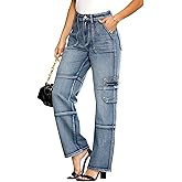 AprPith Womens Cargo Jeans High Waisted Straight Wide Leg Y2k Baggy Trendy Denim Pants with Zipper Pockets