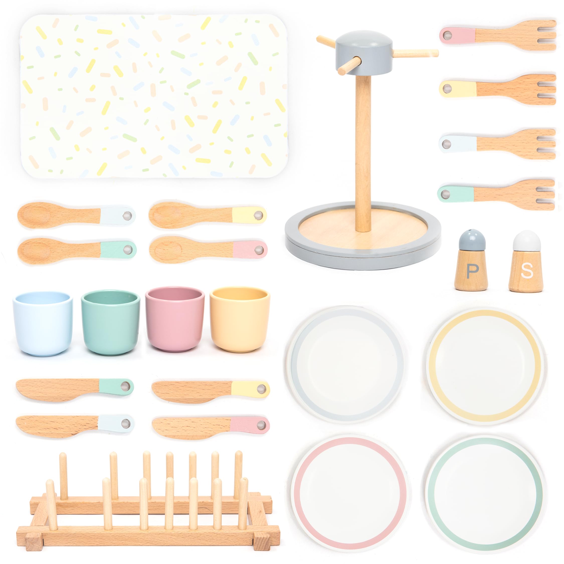 UMU® Wooden Dishware Set for Kids – 28-Piece Pretend Play Tableware with Plates, Cups, Cutlery & Stand – Wooden Kitchen Accessory for Play Kitchens – Role Play Toy for Boys and Girls Ages 3–6