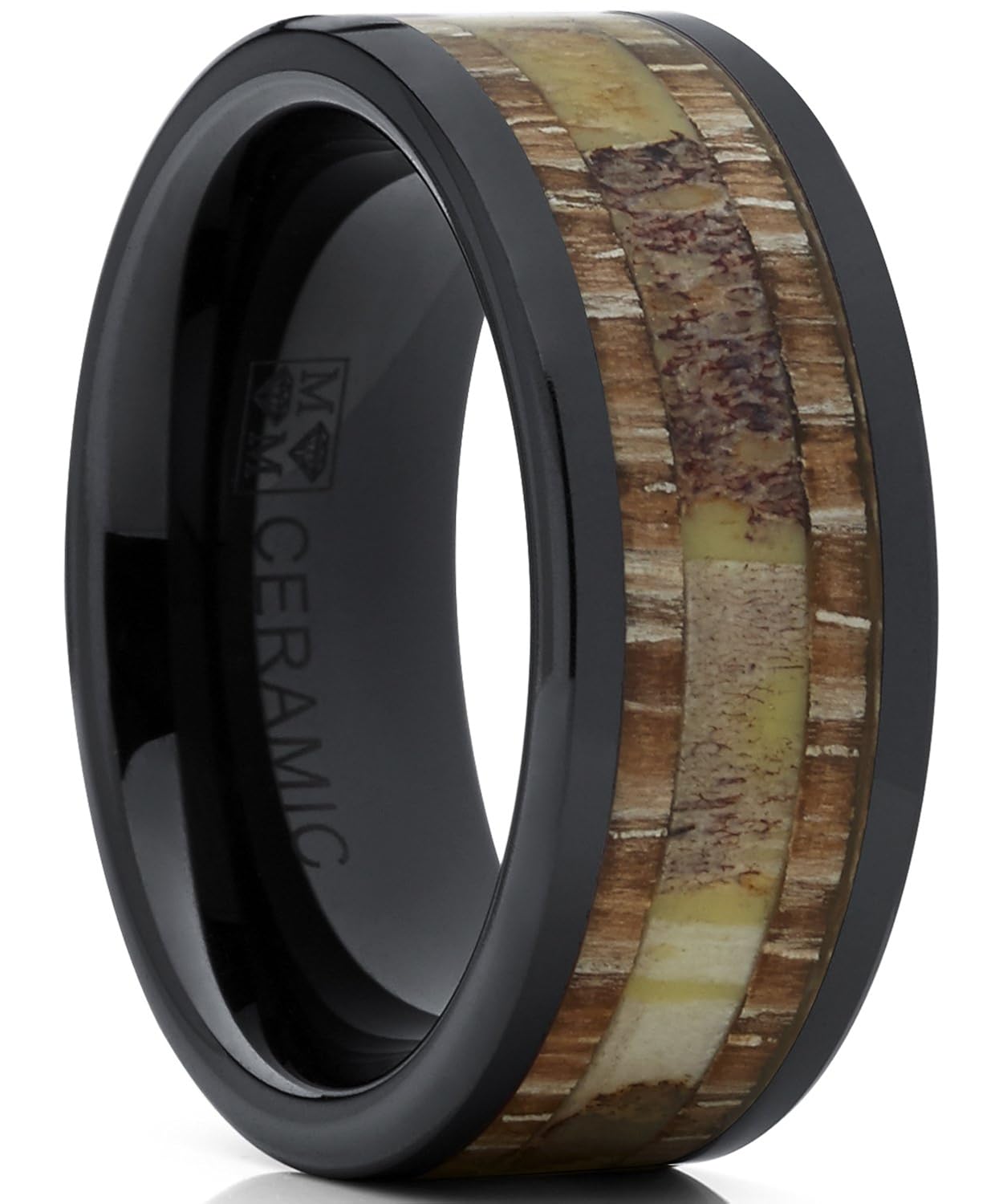 Real with Band Wedding Ring Ceramic Black Mens Antler Fit